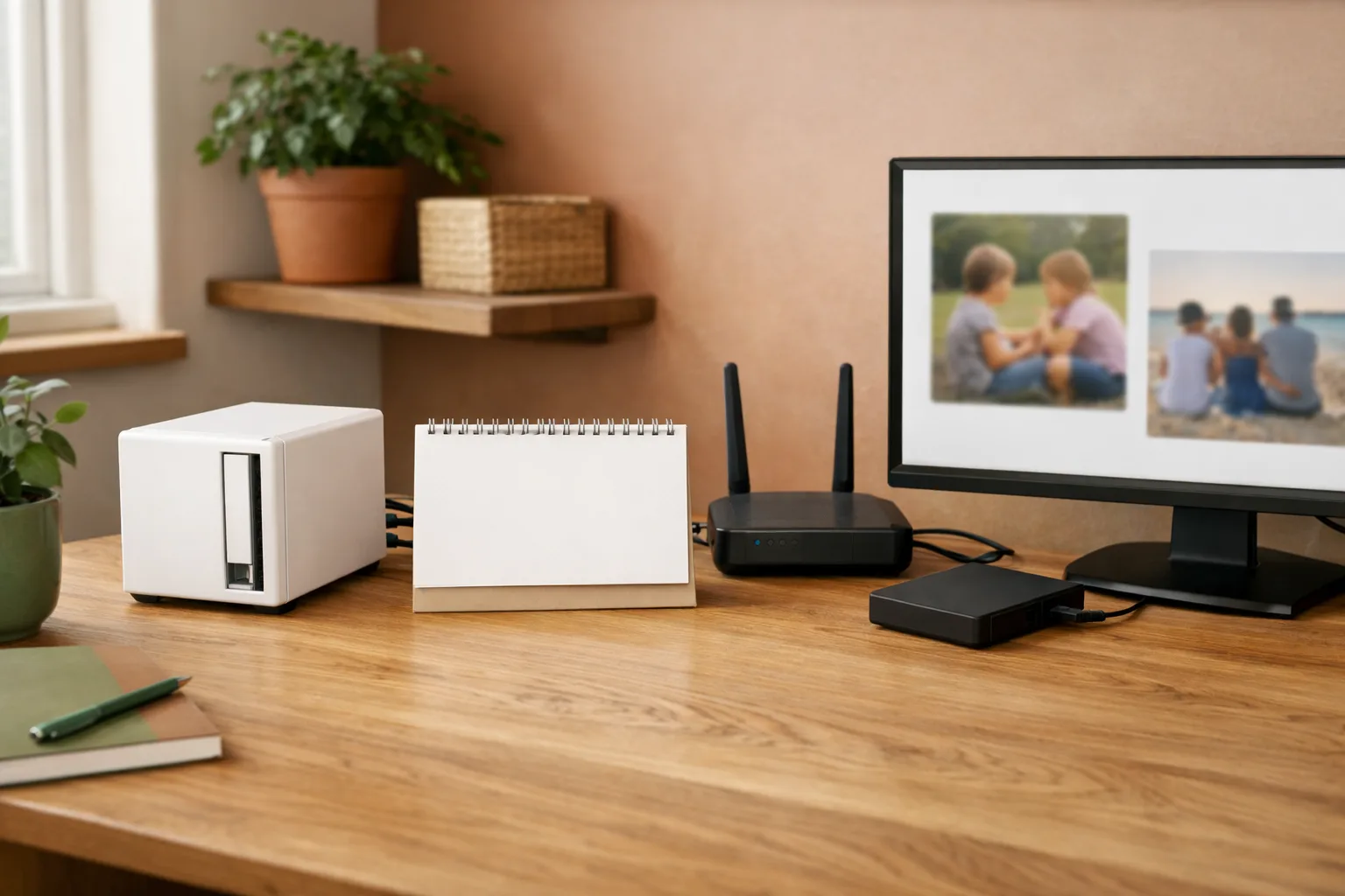 NAS, router och extern disk på ett arbetsrumsbord.