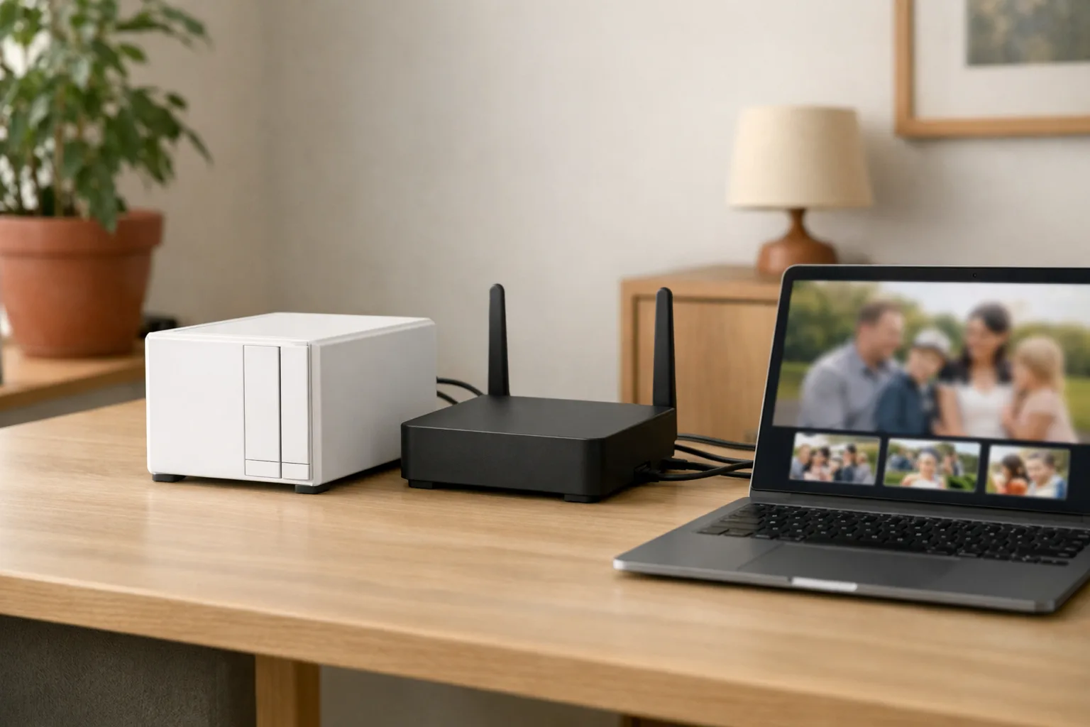 NAS och router bredvid en dator på ett skrivbord.